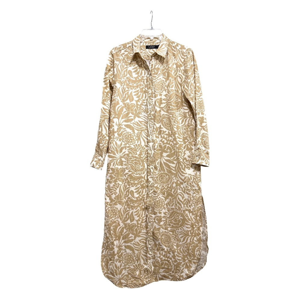 Lauren Ralph Lauren Tan White Floral Paisley 100% Linen Midi Shirt Dress Size 8